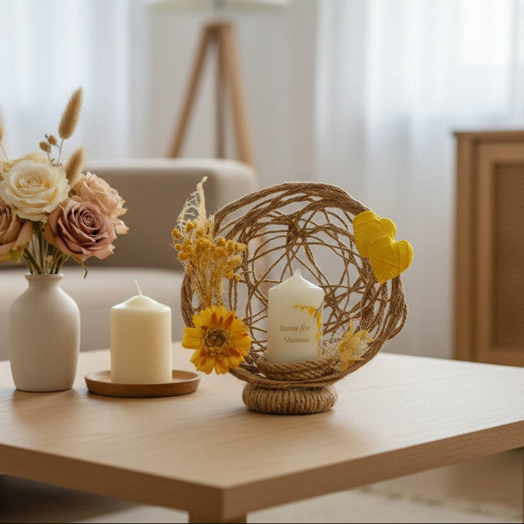 Composition florale personnalisée avec bougie – Cadeau Fête des Mères