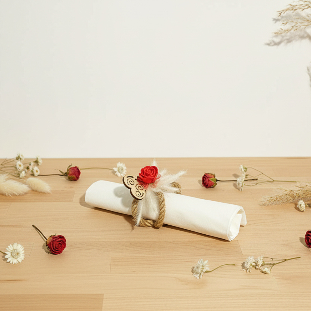 Rond de Serviette Nature & Cœur – Jute, Fleurs Séchées & Fleur Artificielle