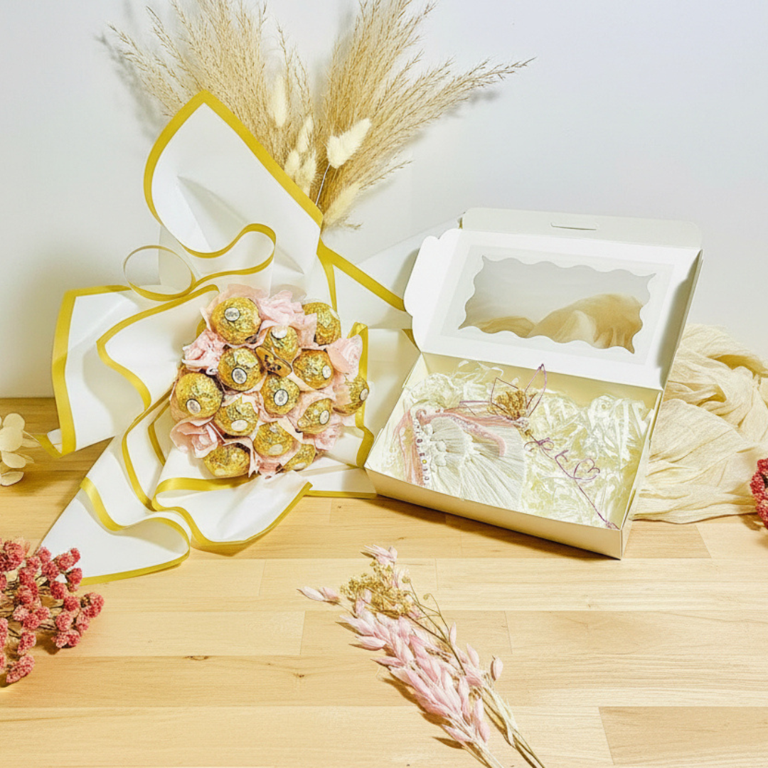 Coffret Cadeau Duo Gourmand & Poétique – Bouquet Ferrero & Porte-Clé + Marque-Page “Je t’aime”