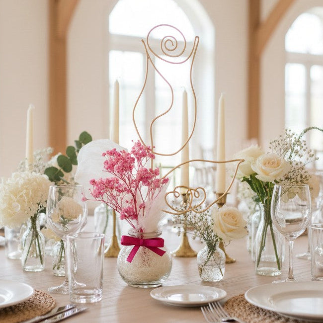 Centre de table mariage fleurs séchées – bouquet personnalisé avec prénom ou cœur