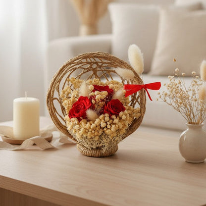 Composition florale avec roses éternelles et fleurs séchées – cadeau personnalisé élégant
