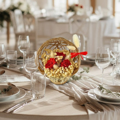 Centre de table mariage fleurs éternelles – composition florale en jute