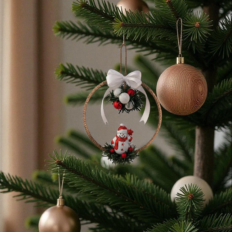 Suspension de Noël – Cercle en Bambou 20 cm avec Bonhomme de Neige