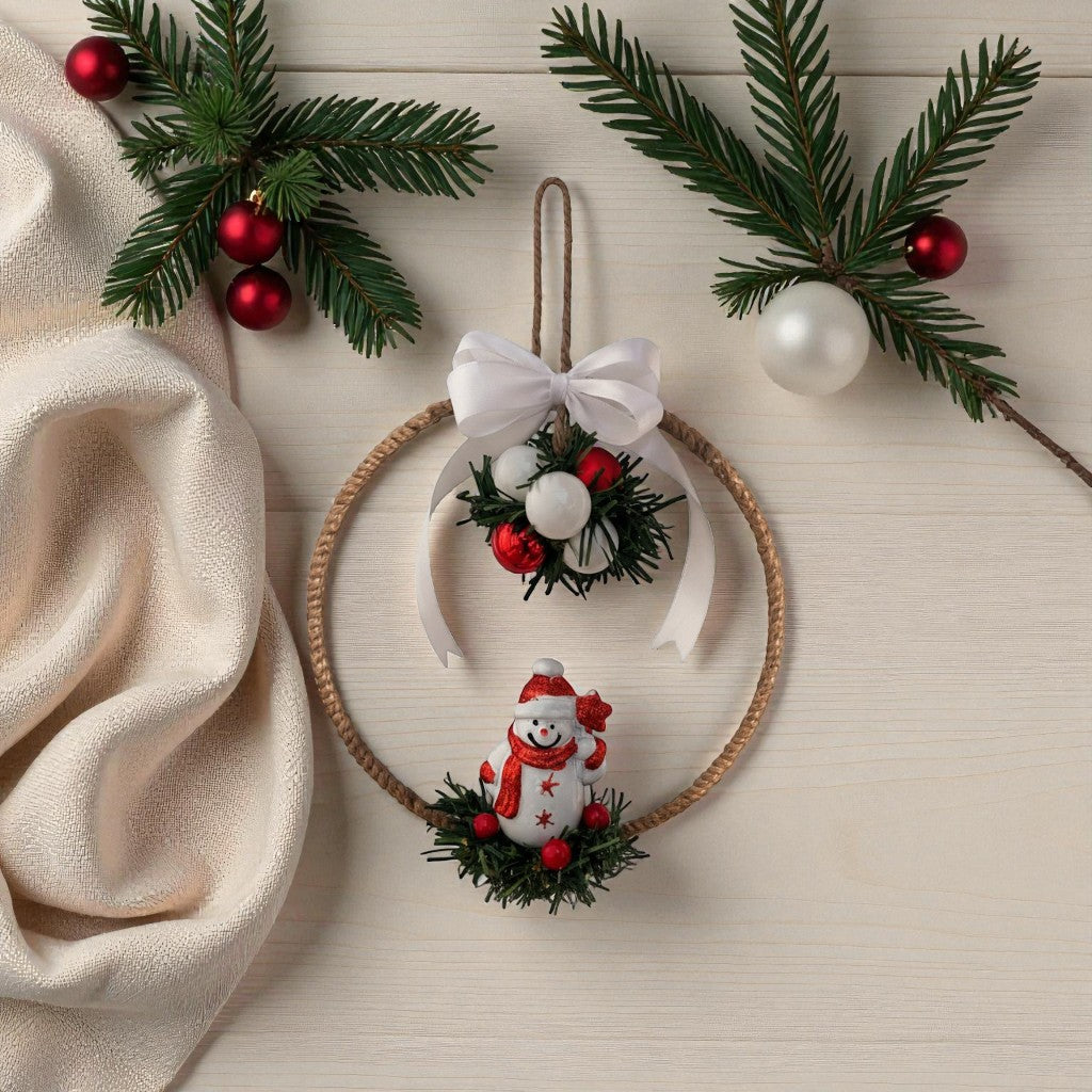 Suspension de Noël – Cercle en Bambou 20 cm avec Bonhomme de Neige