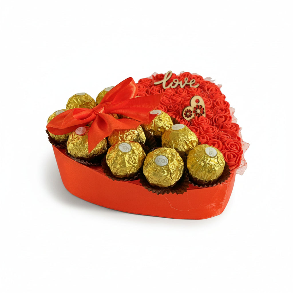 Cœur Gourmand & Fleuri – Roses Artificielles & Ferrero Rocher – Cadeau Romantique