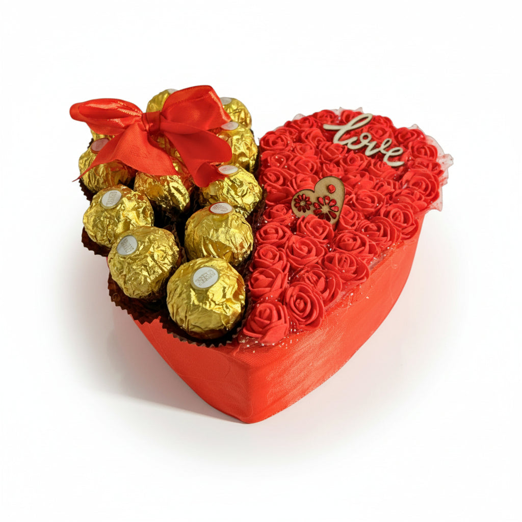 Coffret Cadeau “Je t’aime” – Cœur Ferrero, Composition Florale & Duo Porte-Clé + Marque-Page