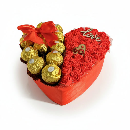 Cœur Gourmand & Fleuri – Roses Artificielles & Ferrero Rocher – Cadeau Romantique
