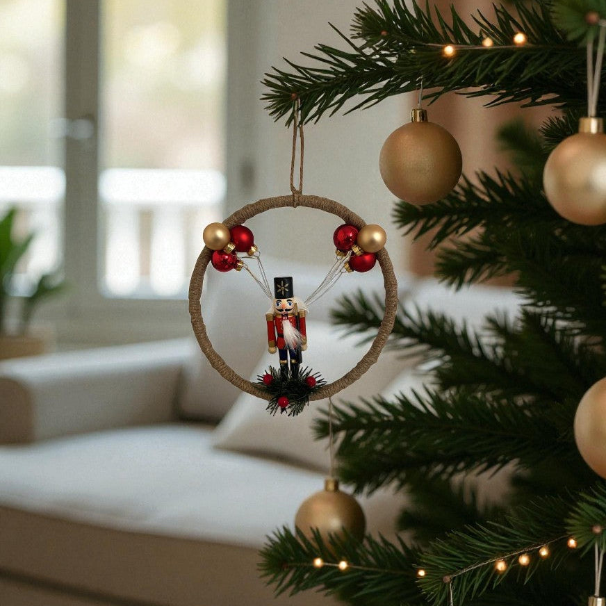 Suspension de Noël – Cercle en Bambou 20 cm avec Casse-Noisette