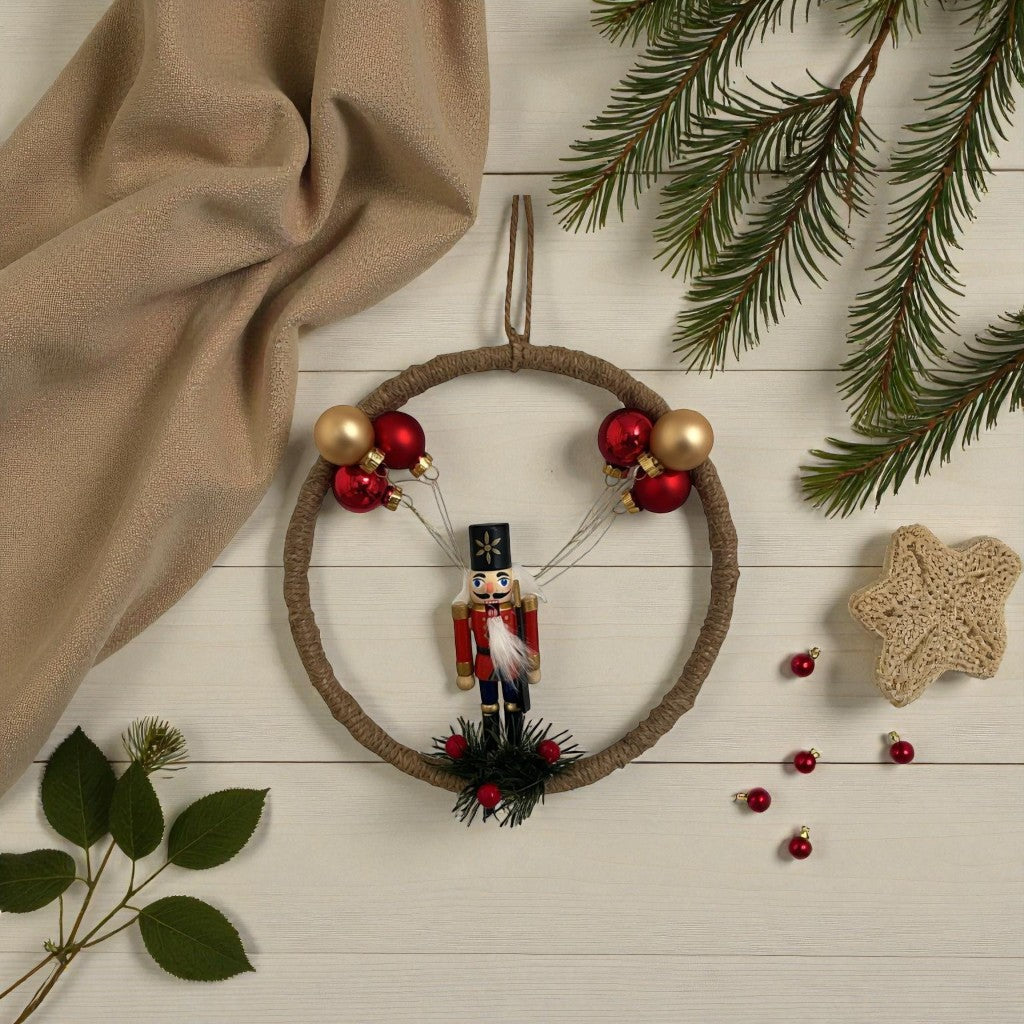 Suspension de Noël – Cercle en Bambou 20 cm avec Casse-Noisette